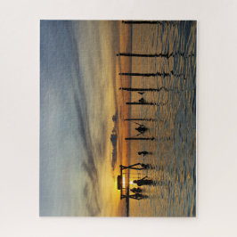 Zonsondergang met Houten Palen in Water Legpuzzel