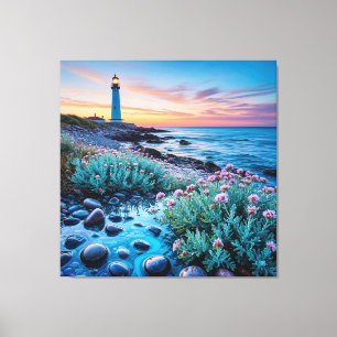 Zonsondergang met levendige bloemen en gladde sten canvas afdruk