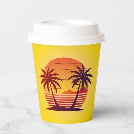 Zonsondergang met palmbomen Vector Papieren Bekers (Voorkant)