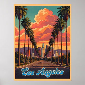 Zonsondergang met palmboom en skyline van Los Ange Poster