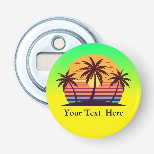 Zonsondergang Met Palmboom Vector Button Flesopener (Voorkant)