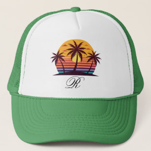 Zonsondergang Met Palmboom Vector Trucker Pet
