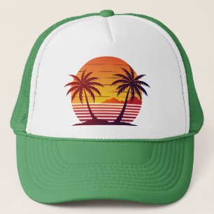 Zonsondergang Met Palmboom Vector Trucker Pet