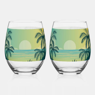 Zonsondergang met Palmen Wijn Glas Set