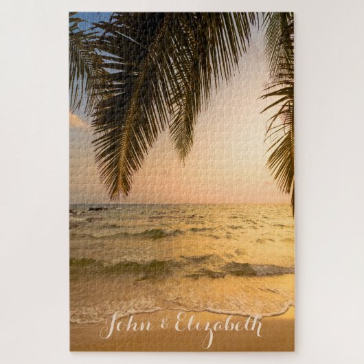 Zonsondergang met strandpalm legpuzzel (Verticaal)