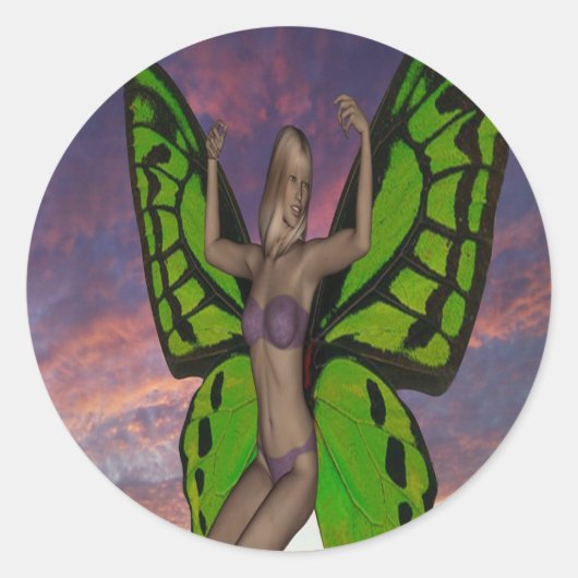 Zonsondergang met vlinder ronde sticker (Voorkant)