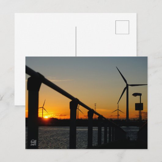 Zonsondergang met windmolen, Rustgevend relaxt. Briefkaart (Voorkant / Achterkant)