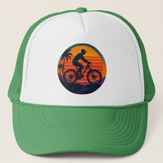 Zonsondergang Mountain Biker Retro Kunst Trucker Pet (Voorkant)