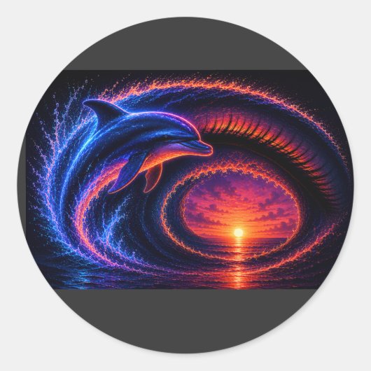 Zonsondergang Oceaan Dolfijn Ronde Sticker (Voorkant)