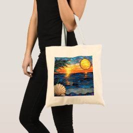 Zonsondergang Oceaan Glas-in-lood Boodschappentas Tote Bag