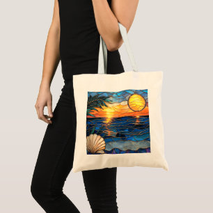Zonsondergang Oceaan Glas-in-lood Boodschappentas Tote Bag