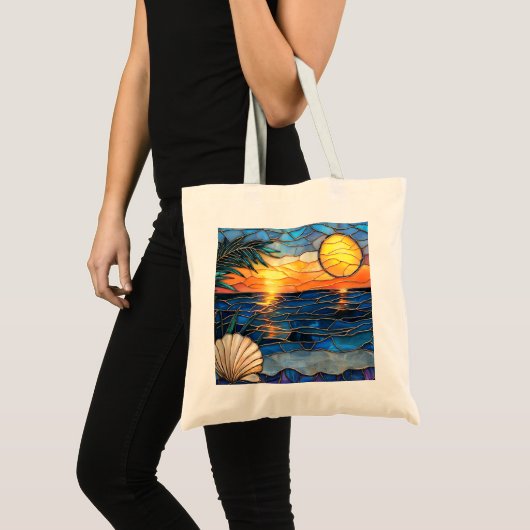 Zonsondergang Oceaan Glas-in-lood Boodschappentas Tote Bag (Voorkant (product))