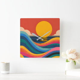 Zonsondergang Oceaan Golven Abstract Bauhaus Wandk Vierkante Klok