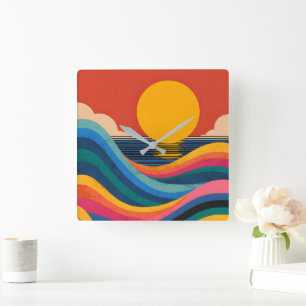 Zonsondergang Oceaan Golven Abstract Bauhaus Wandk Vierkante Klok