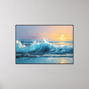 Zonsondergang Oceaan Golven met Gouden Lucht Abstr Canvas Afdruk