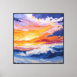 Zonsondergang Oceaan Golven met Vuurrijke Lucht Ab Canvas Afdruk