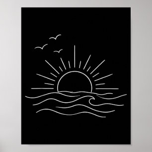 Zonsondergang oceaan golven minimaal lijn kunst vr poster