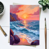 Zonsondergang Oceaan Golven Strand Aquarel Schilde
