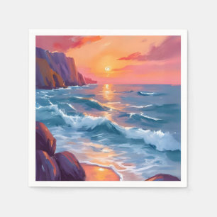 Zonsondergang Oceaan Golven Strand Aquarel Schilde Servet