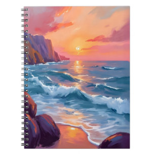Zonsondergang Oceaangolven Strand Aquarel Schilder Notitieboek