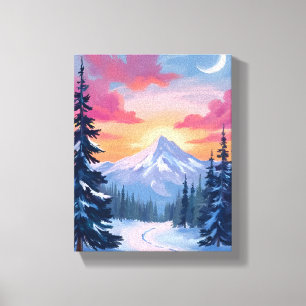 Zonsondergang op besneeuwde top   Winterlandschaps Canvas Afdruk