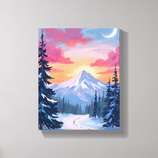 Zonsondergang op besneeuwde top | Winterlandschaps Canvas Afdruk (Voorkant)