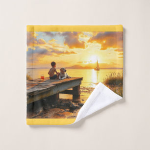 Zonsondergang op de steiger aan het meer bad handdoek