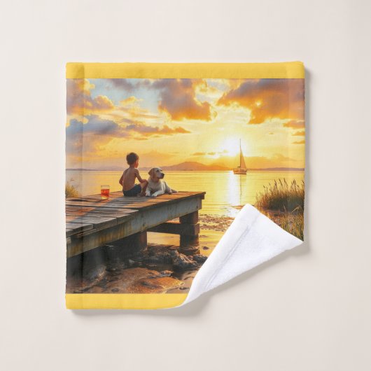 Zonsondergang op de steiger aan het meer bad handdoek (Wasdoekje)