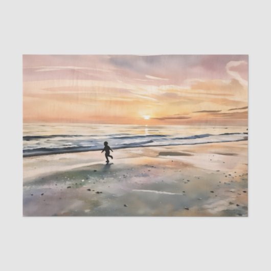 Zonsondergang op het strand kind speelt met tissue tissuepapier (Voorkant)