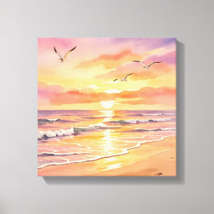 Zonsondergang op het strand met vogels canvas afdruk