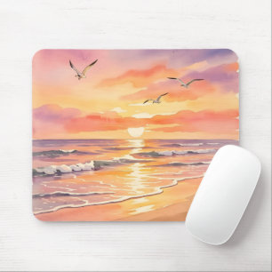 Zonsondergang op het strand met vogels muismat