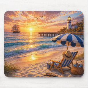 Zonsondergang op het strand met vuurtoren Muismat