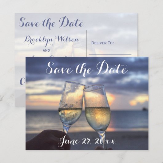 Zonsondergang op het strand Save The Dates Aankondigingskaart (Voorkant / Achterkant)
