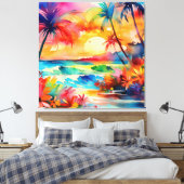 Zonsondergang op het strand waterverf scene canvas afdruk (Insitu (Slaapkamer))