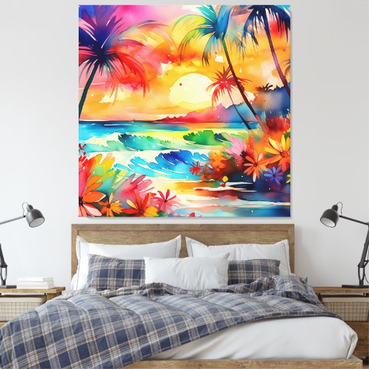 Zonsondergang op het strand waterverf scene canvas afdruk (Insitu (Slaapkamer))
