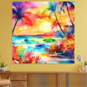 Zonsondergang op het strand waterverf scene canvas afdruk (Insitu (Woonkamer))