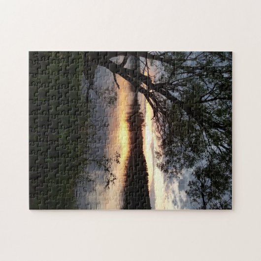 Zonsondergang op meer met boom legpuzzel (Horizontaal)