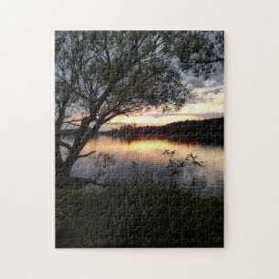 Zonsondergang op meer met boom legpuzzel