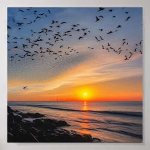 Zonsondergang op rotsen poster