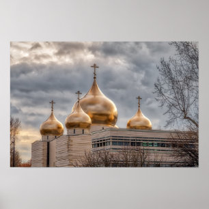 Zonsondergang op Russisch-orthodoxe kathedraal in  Poster