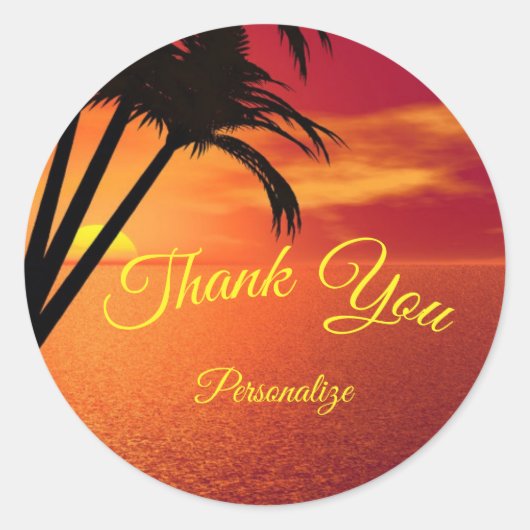 Zonsondergang op Strand Palm Tree Dank u personali Ronde Sticker (Voorkant)