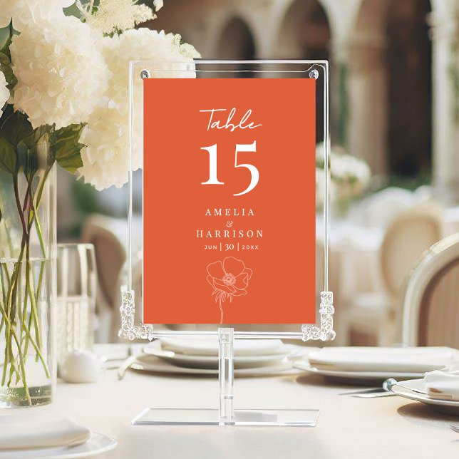 Zonsondergang Oranje Elegant Trouw 5x7 Tafelnummer (Sunset Orange Wedding Reception Table Number with Couple Names, Date, Delicate Flowers.)