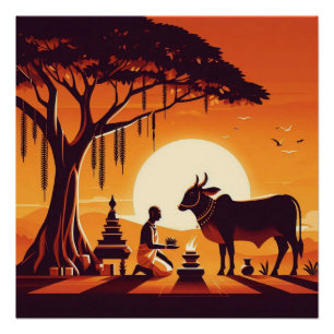 Zonsondergang Oranje Hindoe Koe Puja Rituele Kunst Perfect Poster