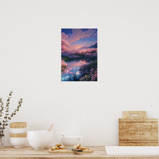 Zonsondergang over de Serene Cherry Blossom Pond Poster (Keuken)