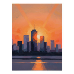 Zonsondergang over de stad een moderne stadshemel perfect poster