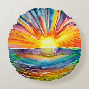 Zonsondergang over de Waterreflectie   Waterverf K Rond Kussen