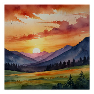 Zonsondergang over de Waterverf van de bergen Perfect Poster
