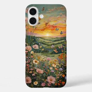 Zonsondergang over een bloemenweide met vlinders iPhone 16 plus hoesje