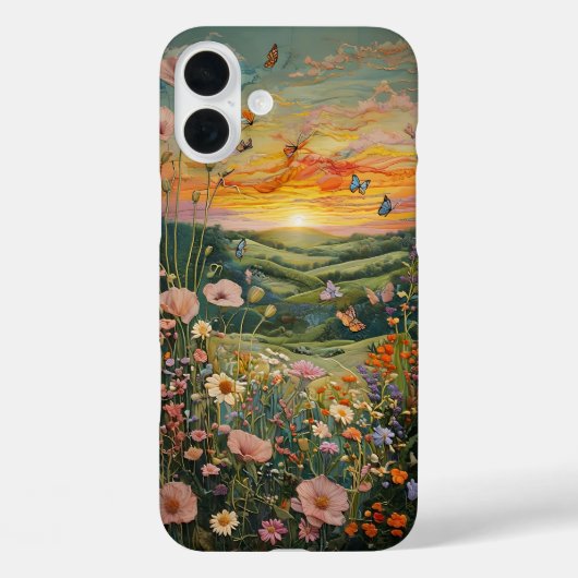 Zonsondergang over een bloemenweide met vlinders Case-Mate iPhone case (Achterkant)