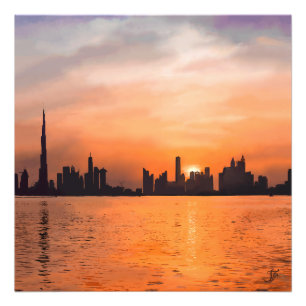 Zonsondergang over een kuststad - aquarel foto afdruk